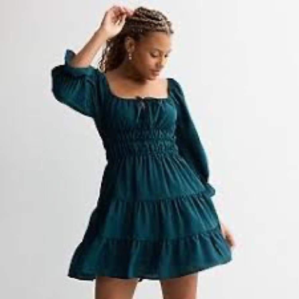 Liberty Love Green and Blue Smocked Sundress with Puff‎ Sleeves